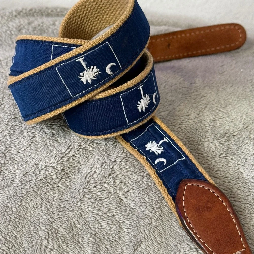 South Carolina Ribbon Belt Men 40 Flag Moon Palmetto Canvas Leather Brass Buckle